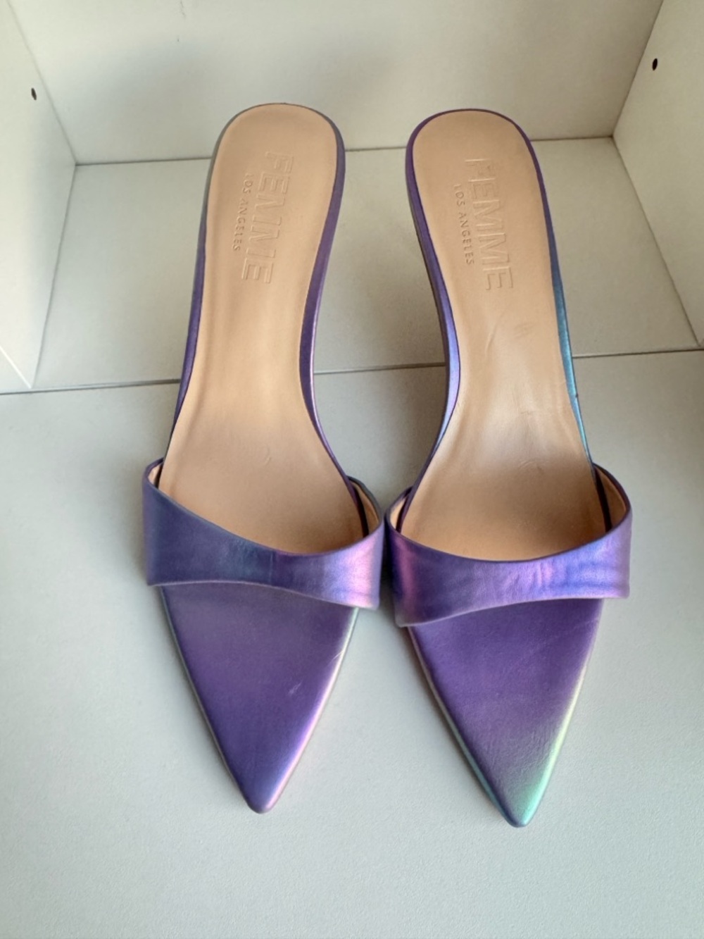 La Femme Iridescent Purple-Green Pointed Toe Slide Mules